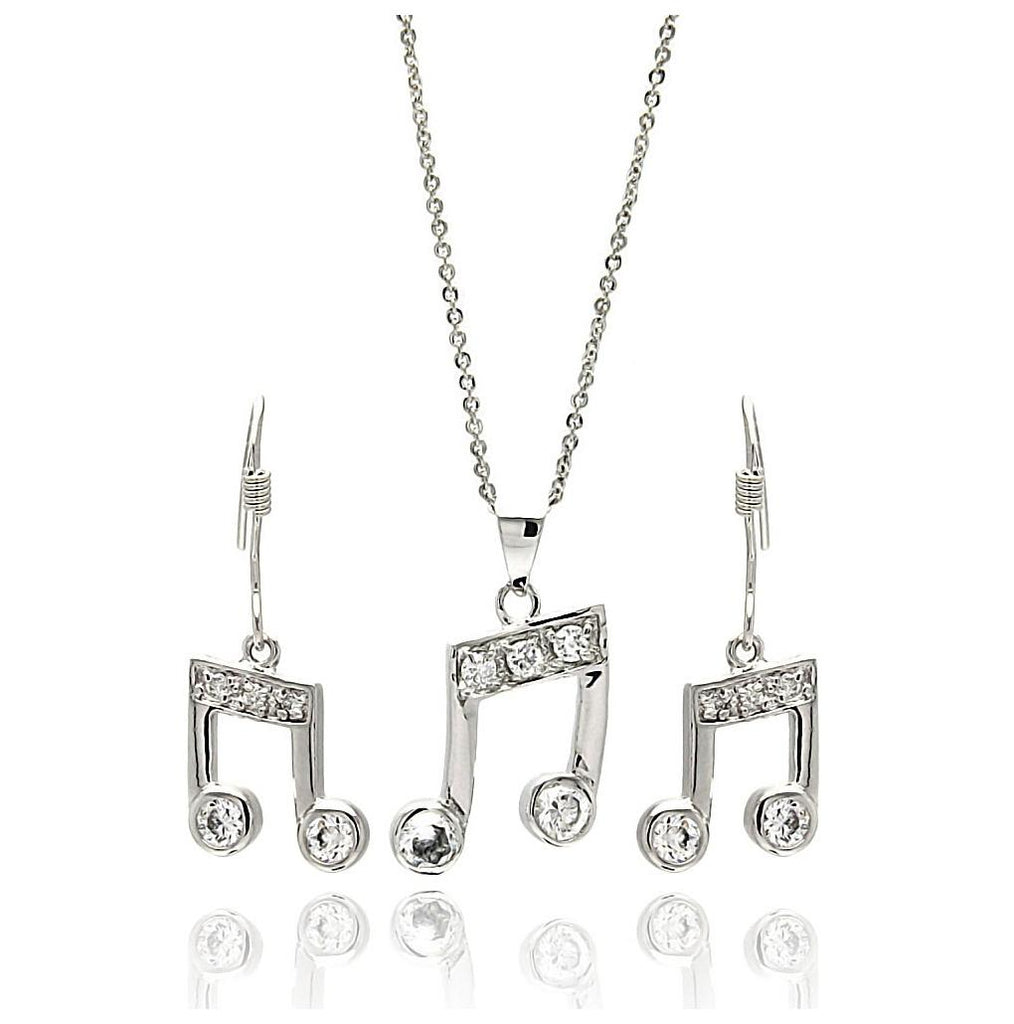 .925 Sterling Silver Rhodium Plated Musical Note Clear Cz Hook Earring & Dangling Necklace Set