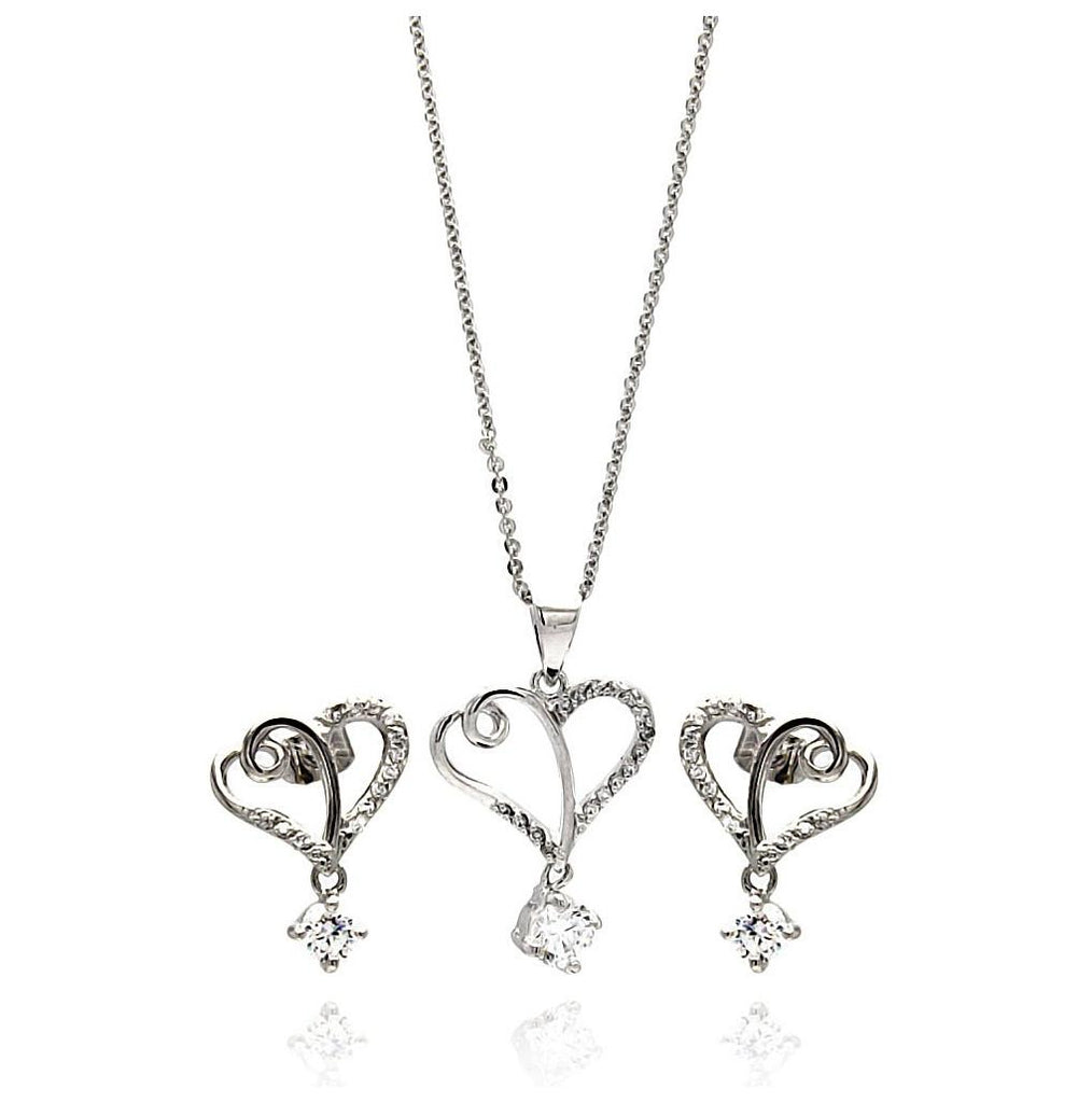 .925 Sterling Silver Rhodium Plated Clear Double Open Heart Cz Hanging Stud Earring & Hanging Necklace Set