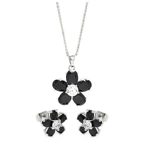 .925 Sterling Silver Rhodium Plated Black & Clear Flower Cz Stud Earring & Necklace Set