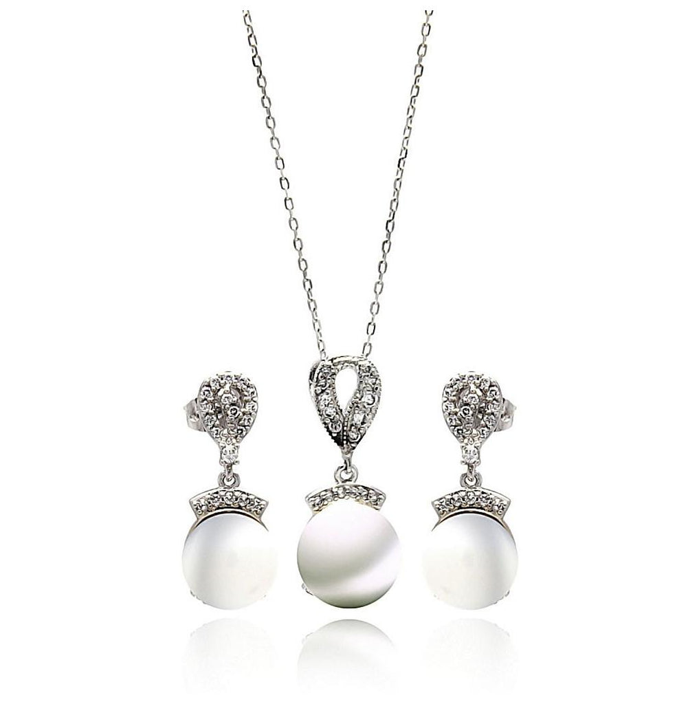 .925 Sterling Silver Rhodium Plated Pearl Drop Clear Cz Hanging Stud Earring & Dangling Necklace Set