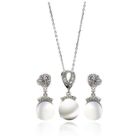 .925 Sterling Silver Rhodium Plated Pearl Drop Clear Cz Hanging Stud Earring & Dangling Necklace Set