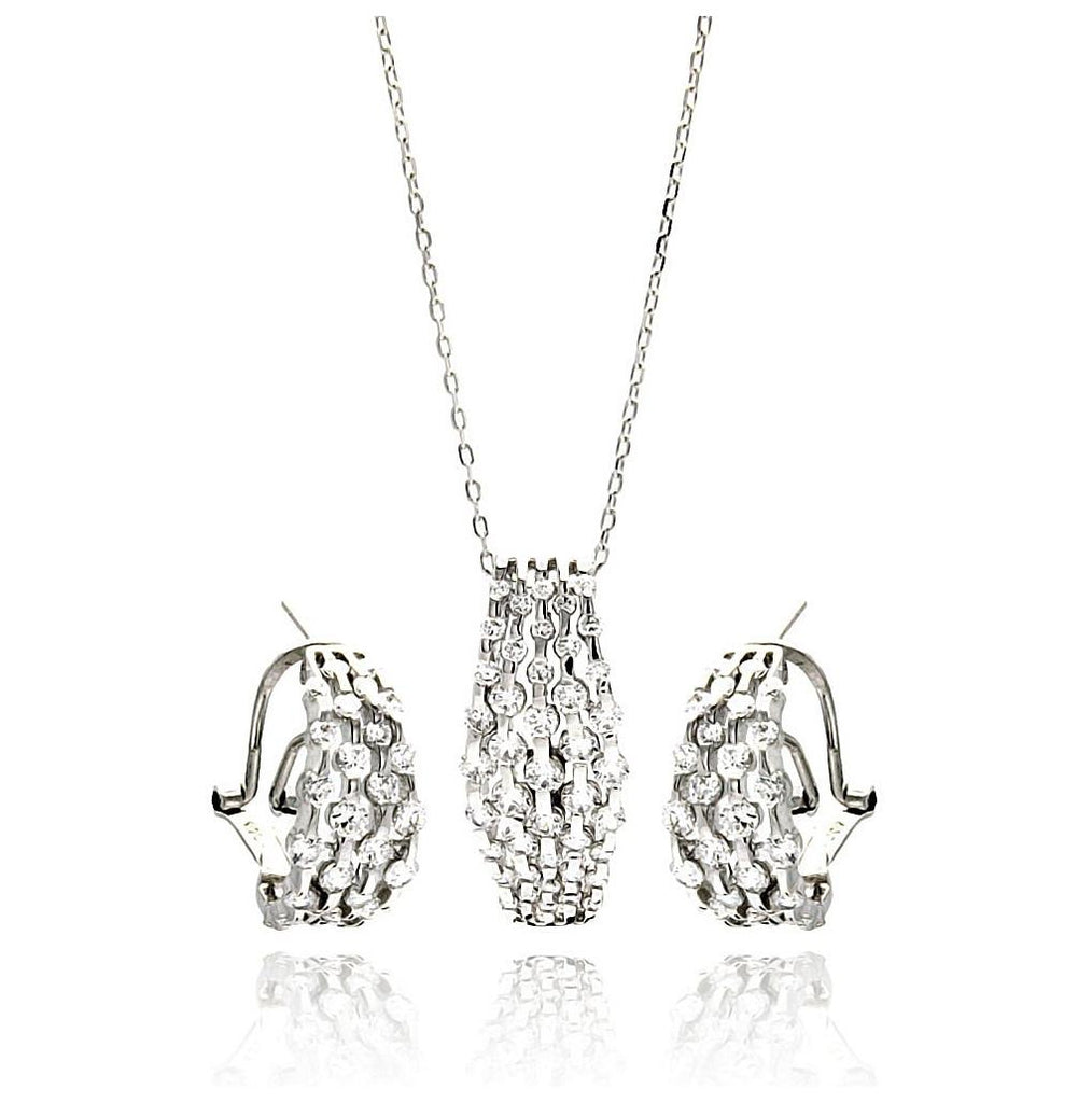 .925 Sterling Silver Rhodium Plated Multi Row Clear Cz French Clip Earring & Necklace Set