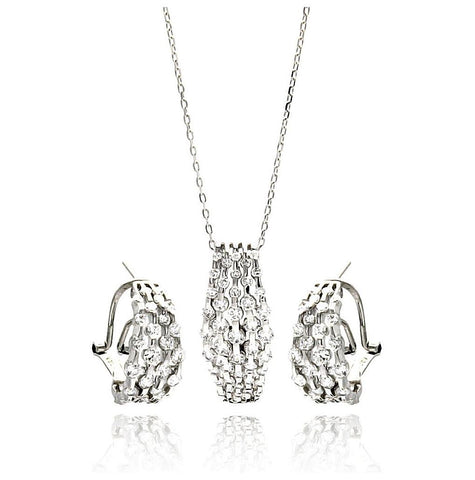 .925 Sterling Silver Rhodium Plated Multi Row Clear Cz French Clip Earring & Necklace Set