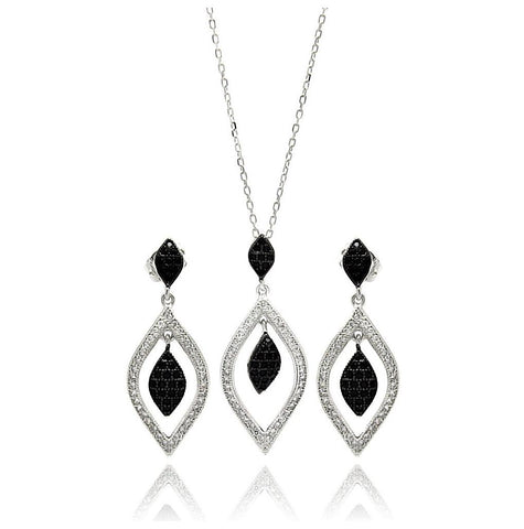 .925 Sterling Silver Rhodium Plated Black & Clear Open Marquise Teardrop Cz Dangling Stud Earring & Dangling Necklace Set