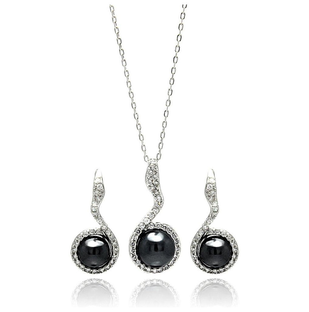 .925 Sterling Silver Rhodium Plated Black Pearl Clear Cz Hanging Stud Earring & Necklace Set