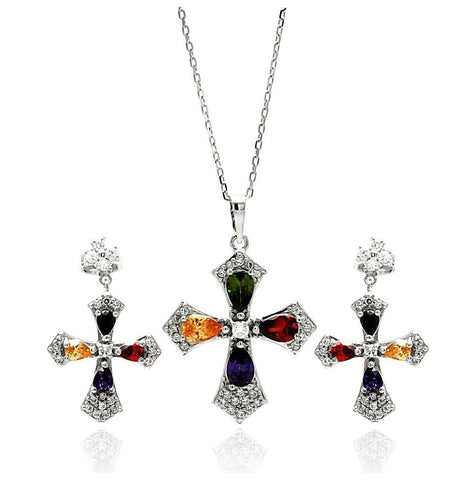 .925 Sterling Silver Rhodium Plated Multi Colored Cross Cz Hanging Stud Earring & Necklace Set