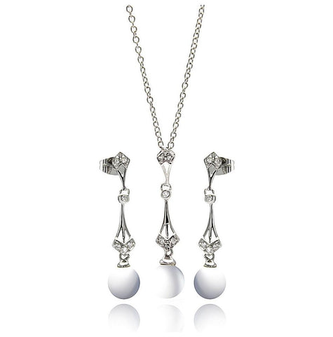 .925 Sterling Silver Rhodium Plated Pearl Drop Clear Cz Dangling Stud Earring & Dangling Necklace Set