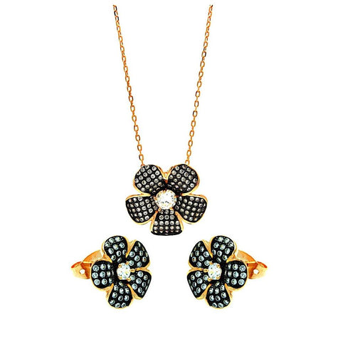 .925 Sterling Silver Black Rhodium & Gold Plated Clear Flower Cz Stud Earring & Necklace Set