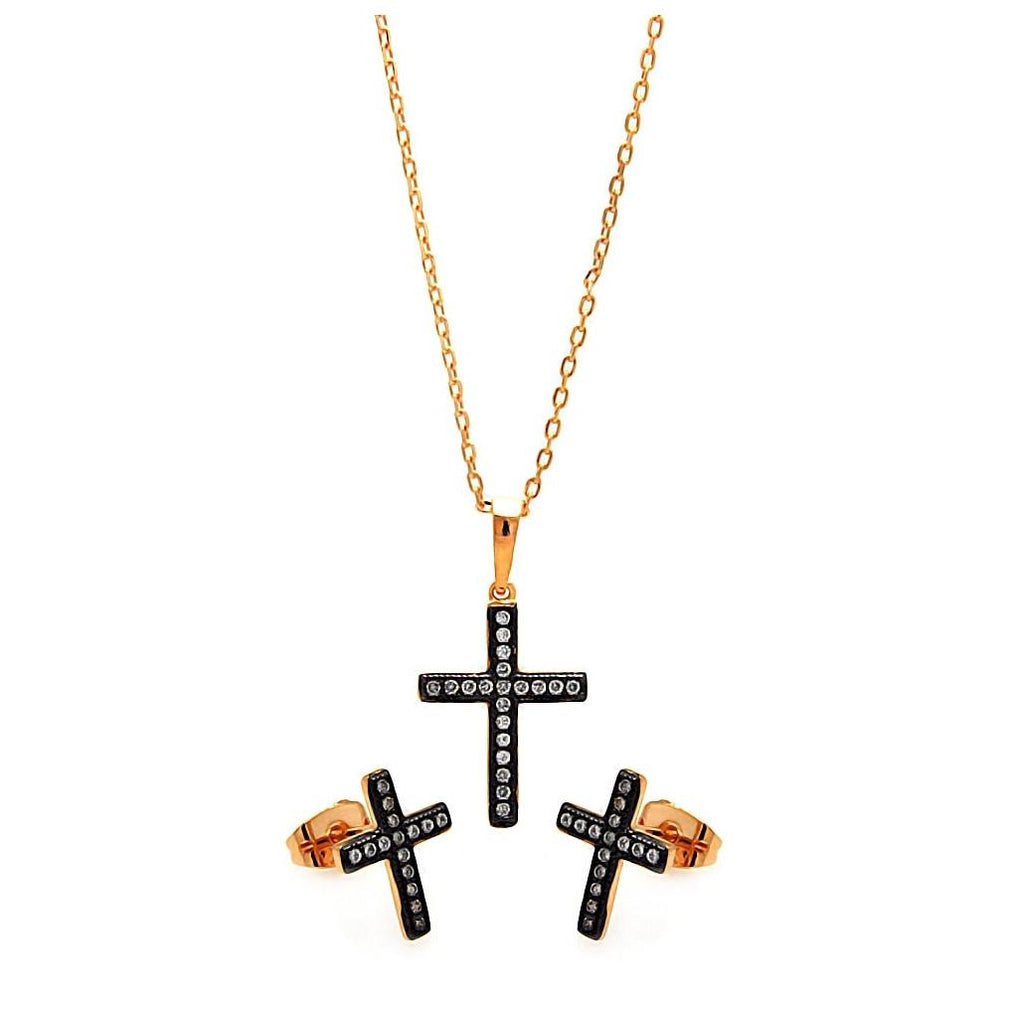 .925 Sterling Silver Black Rhodium & Gold Plated Cross Clear Cz Stud Earring & Necklace Set