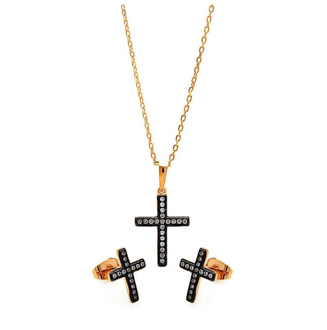 .925 Sterling Silver Black Rhodium & Gold Plated Cross Clear Cz Stud Earring & Necklace Set