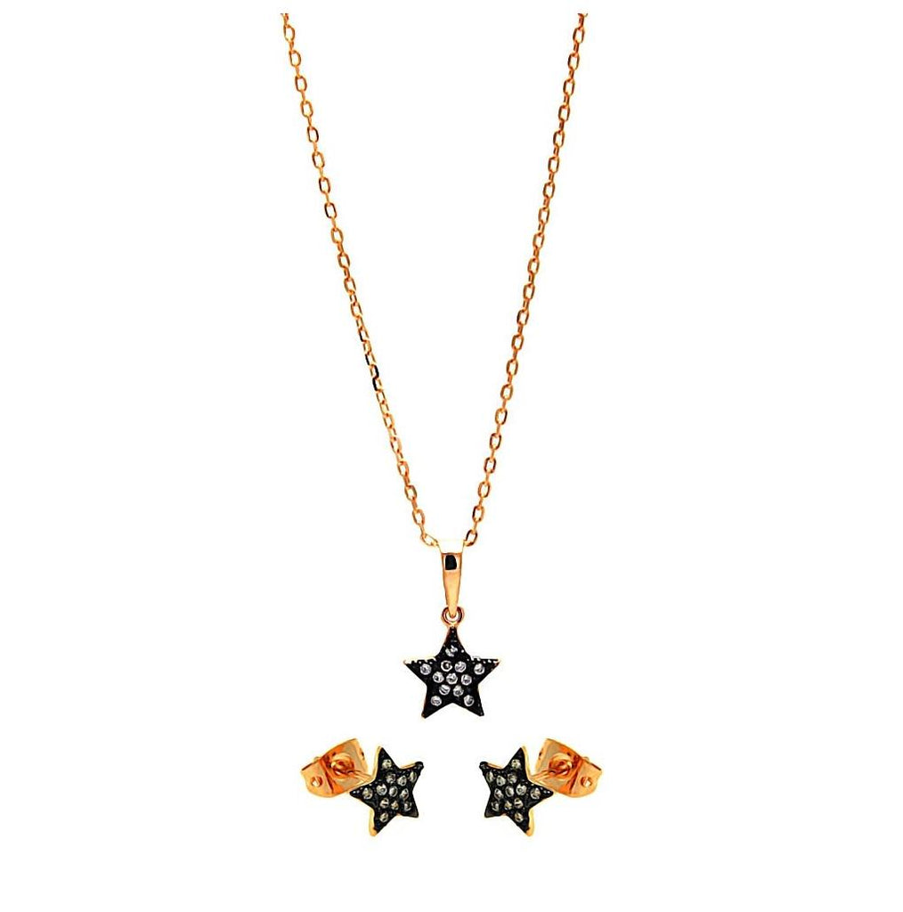 .925 Sterling Silver Black Rhodium & Gold Plated Clear Mini Star Cz Stud Earring & Necklace Set