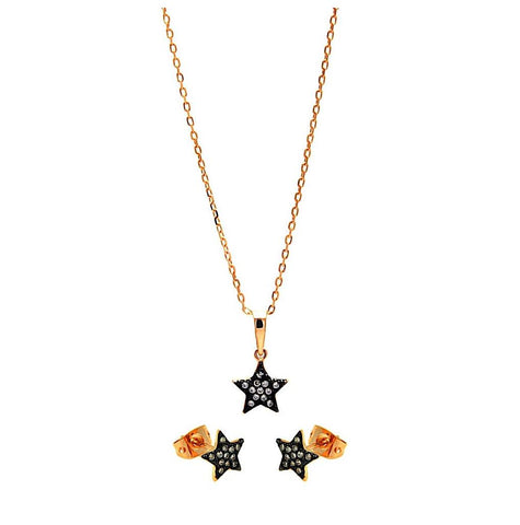 .925 Sterling Silver Black Rhodium & Gold Plated Clear Mini Star Cz Stud Earring & Necklace Set