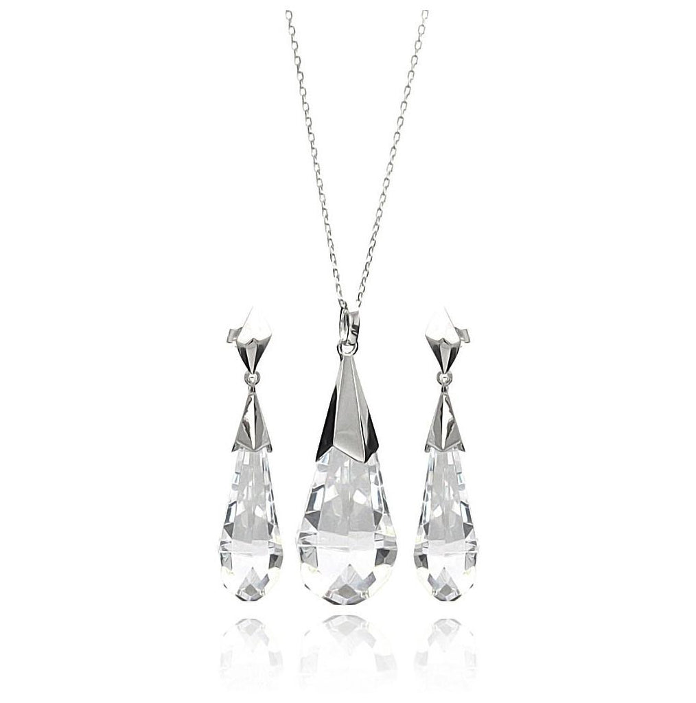 .925 Sterling Silver Rhodium Plated Clear Drop Cz Hanging Stud Earring & Necklace Set