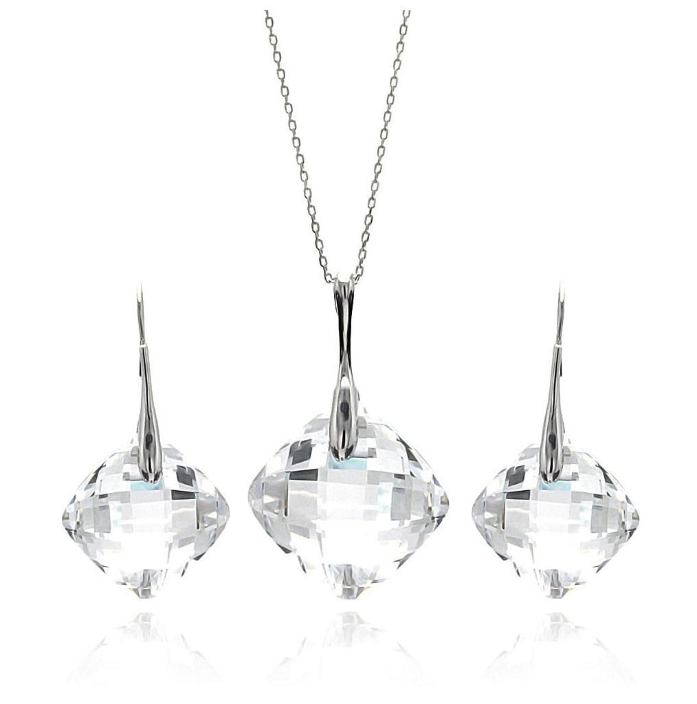 .925 Sterling Silver Rhodium Plated Clear Diamong Shaped Square Cz Hook Earring & Necklace Set