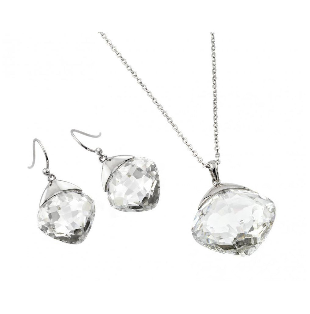 .925 Sterling Silver Rhodium Plated Clear Diamond Shaped Cz Hook Earring & Necklace Set