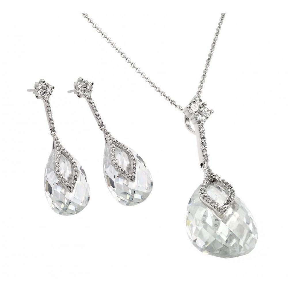 .925 Sterling Silver Rhodium Plated Clear Drop Cz Hanging Stud Earring & Hanging Necklace Set