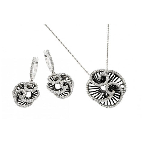 .925 Sterling Silver Rhodium & Black Rhodium Plated Sprial Flower Clear Cz Hook Earring & Necklace Set