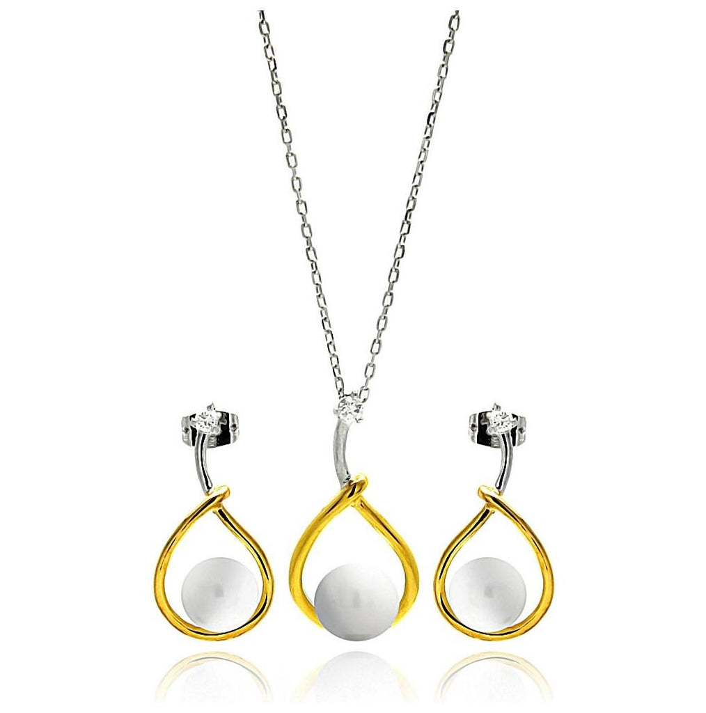 .925 Sterling Silver Rhodium & Gold Plated Overlap Open Teardrop Pearl Clear Cz Hanging Stud Earring & Necklace Set