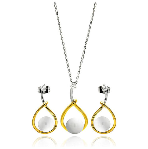 .925 Sterling Silver Rhodium & Gold Plated Overlap Open Teardrop Pearl Clear Cz Hanging Stud Earring & Necklace Set