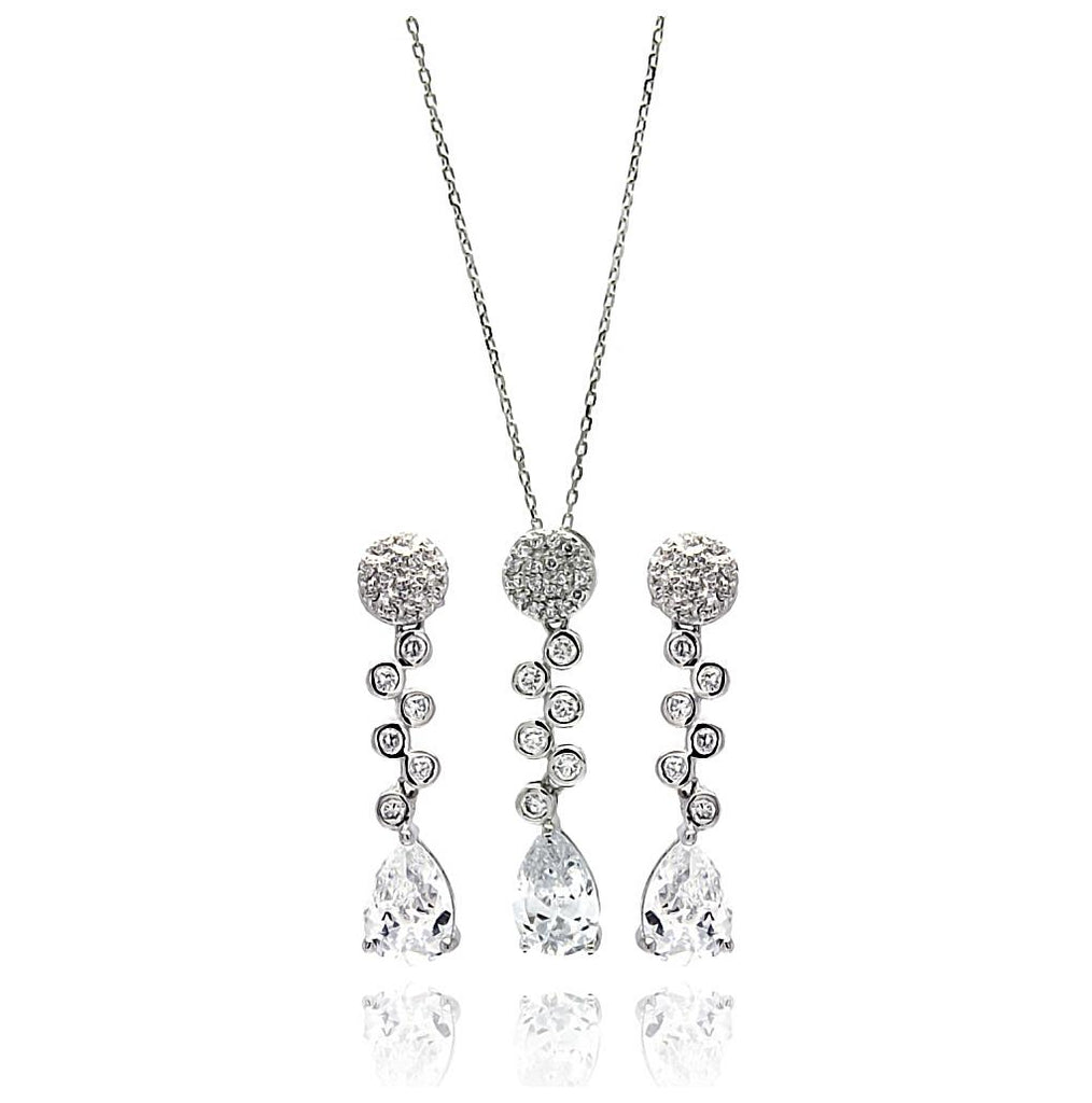 .925 Sterling Silver Rhodium Plated Clear Round & Teardrop Cz Drop Stud Earring & Necklace Set