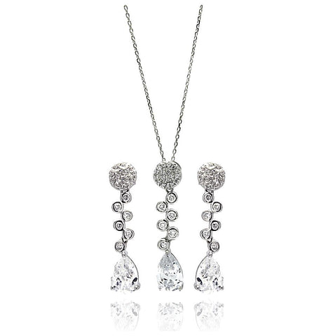 .925 Sterling Silver Rhodium Plated Clear Round & Teardrop Cz Drop Stud Earring & Necklace Set