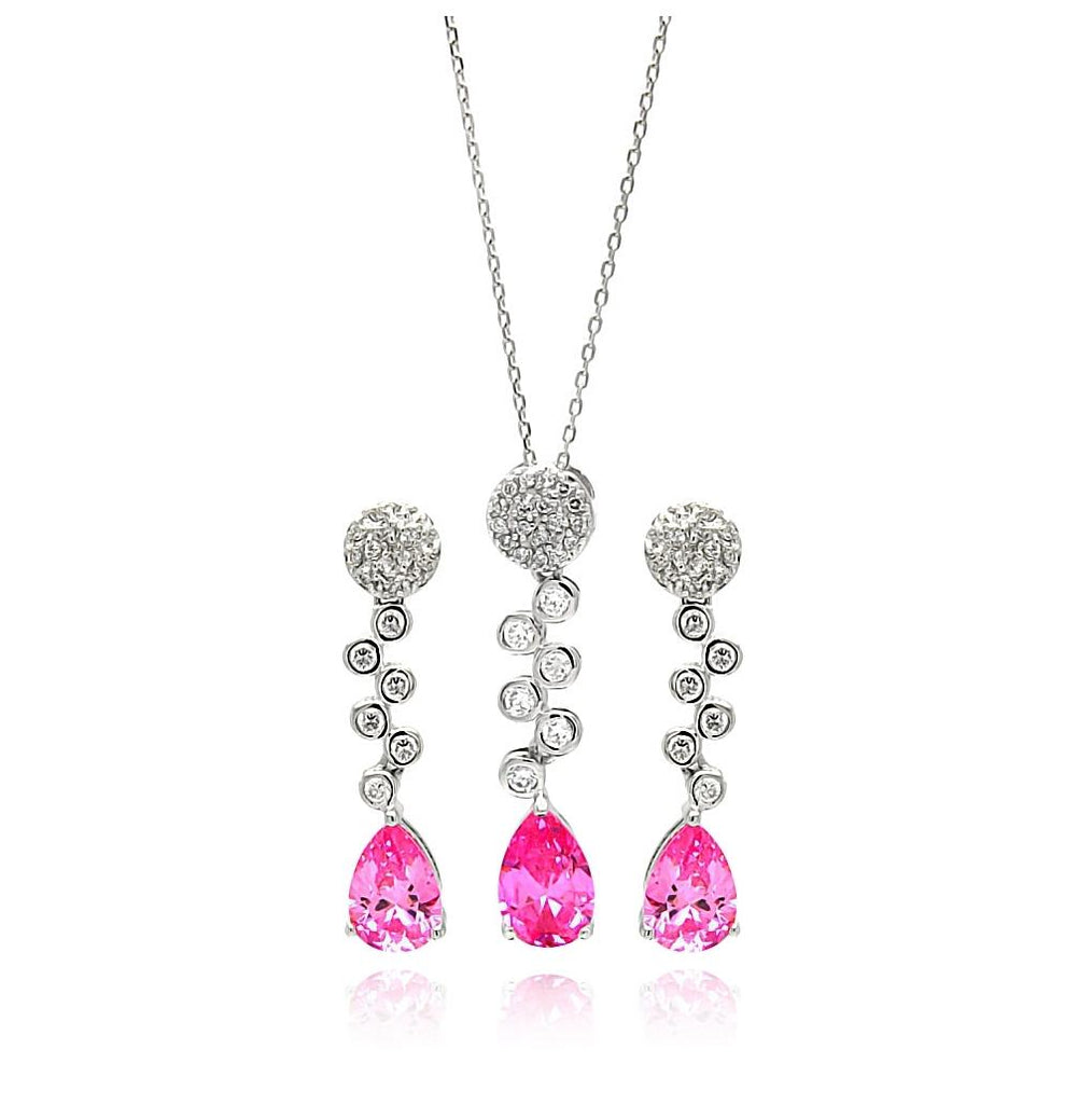 .925 Sterling Silver Rhodium Plated Clear & Pink Round & Teardrop Cz Drop Stud Earring & Necklace Set