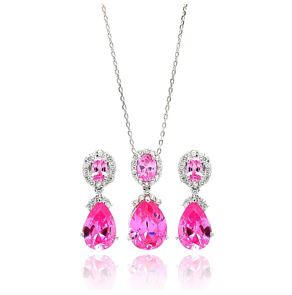 .925 Sterling Silver Rhodium Plated Clear & Pink Round & Teardrop Cz Dangling Stud Earring & Dangling Necklace