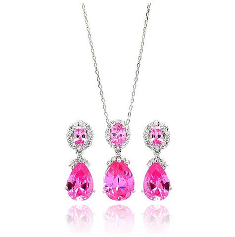 .925 Sterling Silver Rhodium Plated Clear & Pink Round & Teardrop Cz Dangling Stud Earring & Dangling Necklace