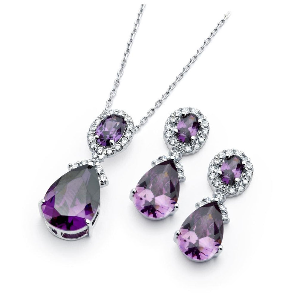 .925 Sterling Silver Rhodium Plated Purple & Clear Teardrop Oval Cz Dangling Stud Earring & Dangling Necklace Set