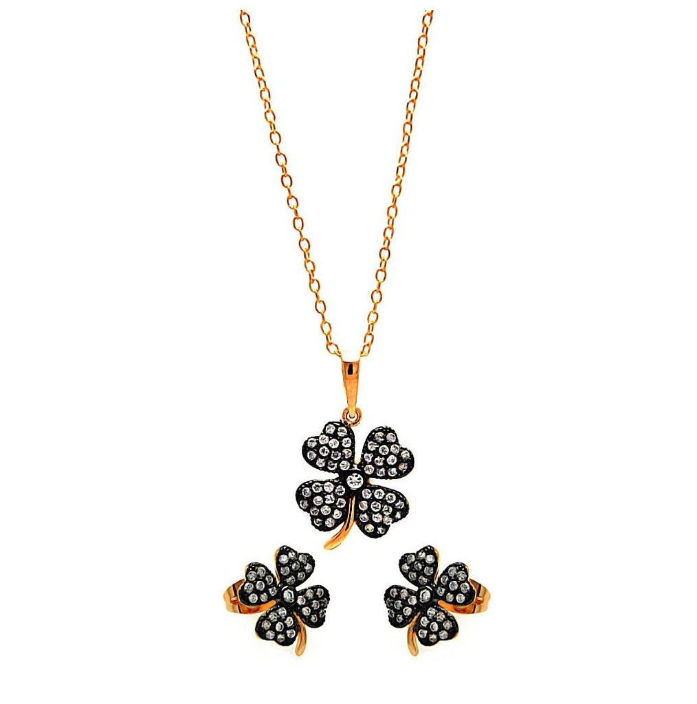 .925 Sterling Silver Black Rhodium & Gold Plated Clear Mini Clover Cz Stud Earring & Necklace Set