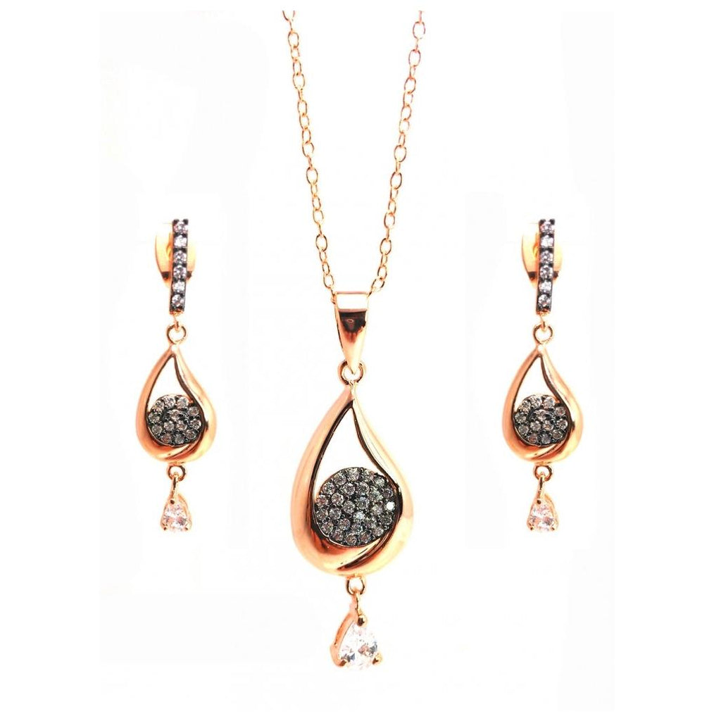 .925 Sterling Silver Black Rhodium & Gold Plated Clear Open Teardrop Cz Dangling Stud Earring & Dangling Necklace Set