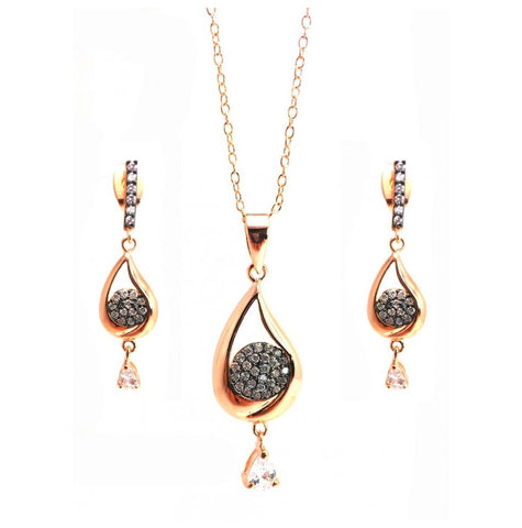 .925 Sterling Silver Black Rhodium & Gold Plated Clear Open Teardrop Cz Dangling Stud Earring & Dangling Necklace Set