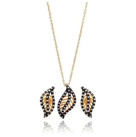 .925 Sterling Silver Black Rhodium & Gold Plated Leaf Clear Cz Stud Earring & Necklace Set