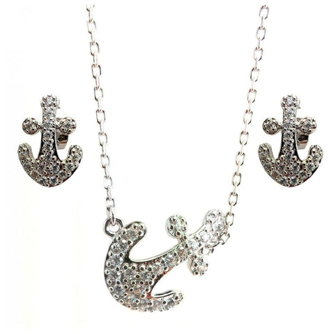 .925 Sterling Silver Rhodium Plated Pave Set Clear Anchor Cz Stud Earring & Necklace Set