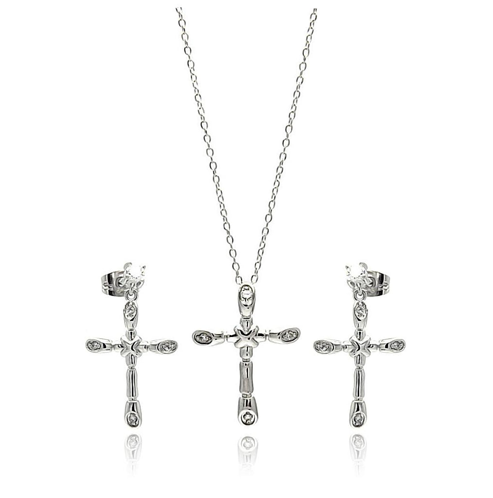 .925 Sterling Silver Rhodium Plated Bone Cross Cz Necklace And Earrings Set