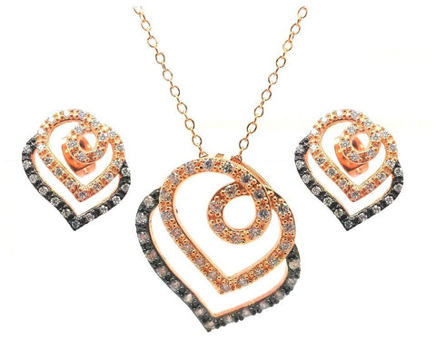 .925 Sterling Silver Black Rhodium & Gold Plated Open Curl Heart Clear Cz Stud Earring & Necklace Set