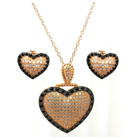 .925 Sterling Silver Black Rhodium & Gold Plated Micro Pave Heart Cz Stud Earring & Necklace Set