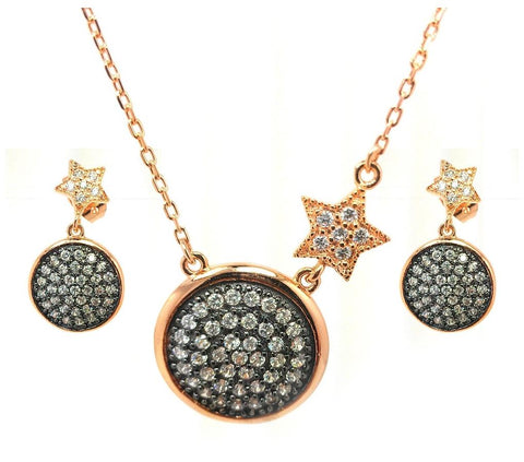 .925 Sterling Silver Black Rhodium & Gold Plated Clear Round Disc Star Cz Dangling Stud Earring & Necklace Set