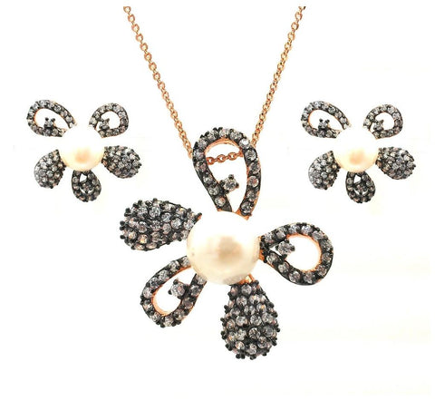 .925 Sterling Silver Black Rhodium & Gold Plated Pearl Clear Flower Cz Stud Earring & Necklace Set