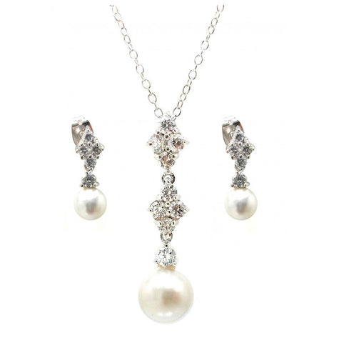 .925 Sterling Silver Rhodium Plated Ornate Pearl Clear Cz Stud Dangling Earring & Dangling Necklace Set