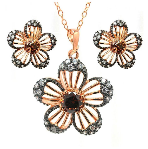 .925 Sterling Silver Black Rhodium & Gold Plated Black & Clear Flower Cz Stud Earring & Necklace Set