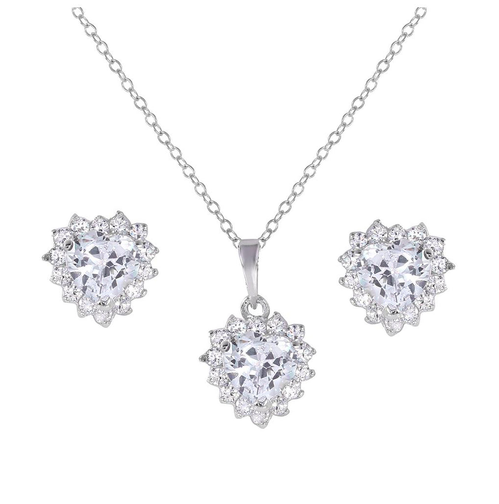 .925 Sterling Silver Rhodium Plated Clear Cluster Set