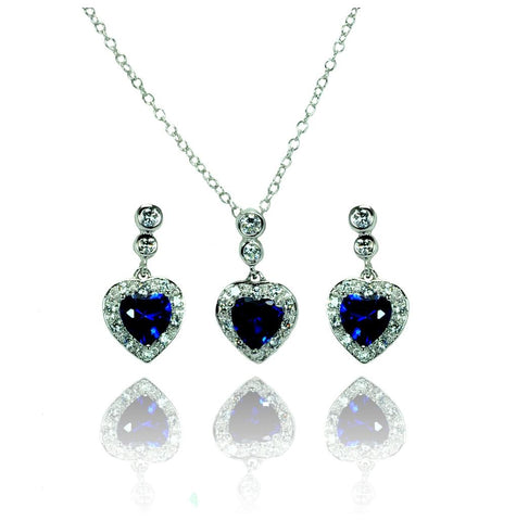 .925 Sterling Silver Rhodium Plated Round & Heart Shaped Clear & Blue Cz Dangling Stud Earrings & Necklace Set