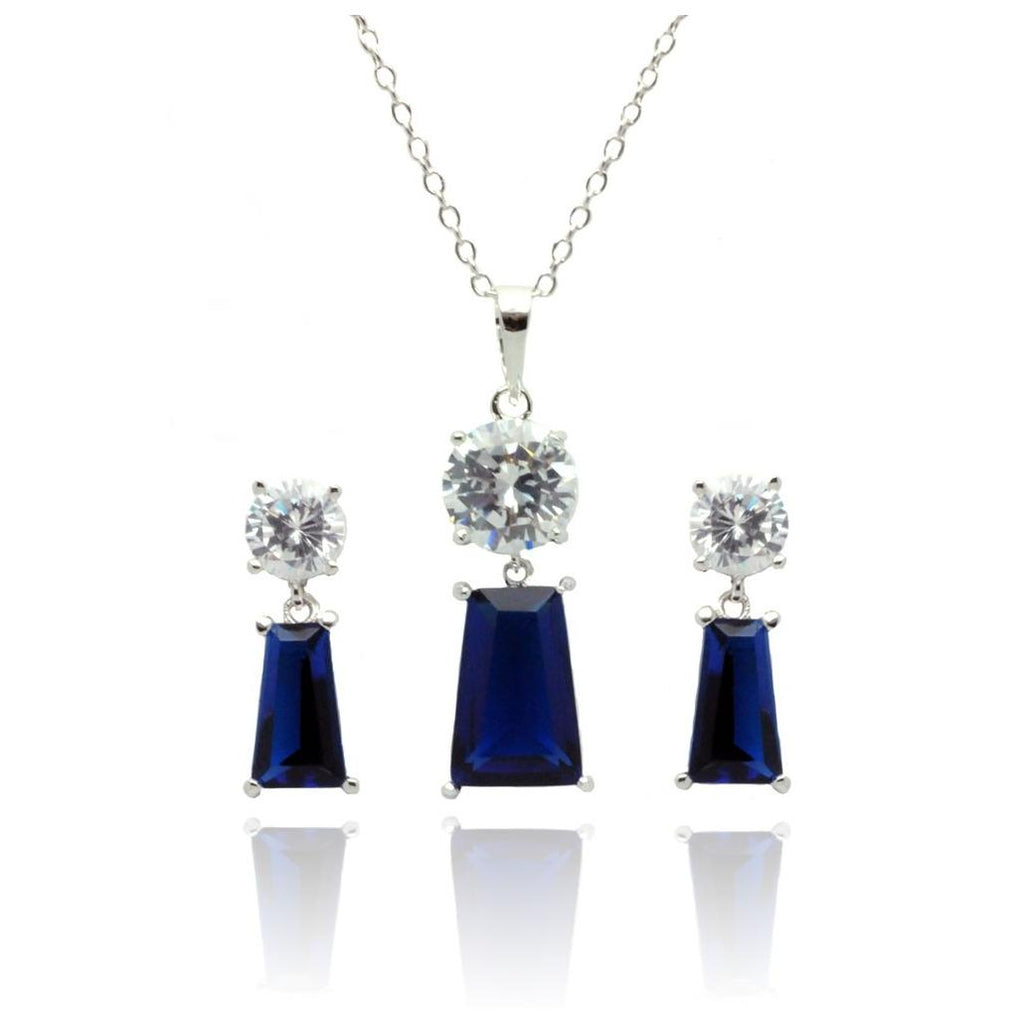 .925 Sterling Silver Rhodium Plated Clear Round Blue Rectangular Cz Dangling Stud Earring & Dangling Necklace Set