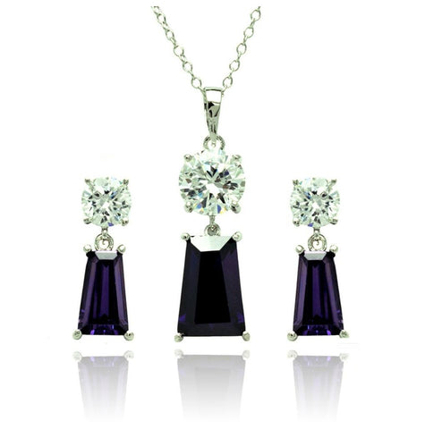 .925 Sterling Silver Rhodium Plated Clear Round Purple Rectangular Cz Dangling Stud Earring & Dangling Necklace Set