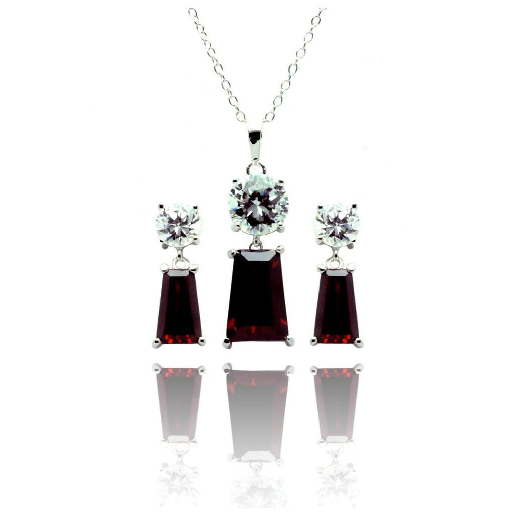 .925 Sterling Silver Rhodium Plated Clear Round Red Rectangular Cz Dangling Stud Earring & Dangling Necklace Set