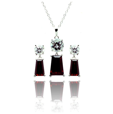 .925 Sterling Silver Rhodium Plated Clear Round Red Rectangular Cz Dangling Stud Earring & Dangling Necklace Set