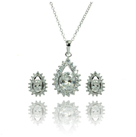 .925 Sterling Silver Rhodium Plated Clear Teardrop Cluster Cz Stud Earring & Necklace Set