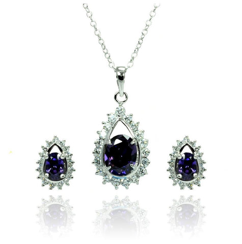 .925 Sterling Silver Rhodium Plated Clear & Purple Teardrop Cluster Cz Stud Earring & Necklace Set