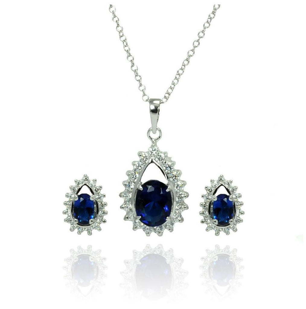 .925 Sterling Silver Rhodium Plated Clear & Blue Teardrop Cluster Cz Stud Earring & Necklace Set